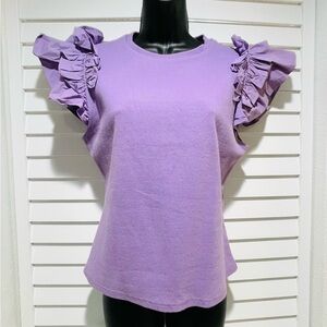 NWT Anthropologie Lavender Ribbed Knit Ruffled Short Sleeved Blouse
